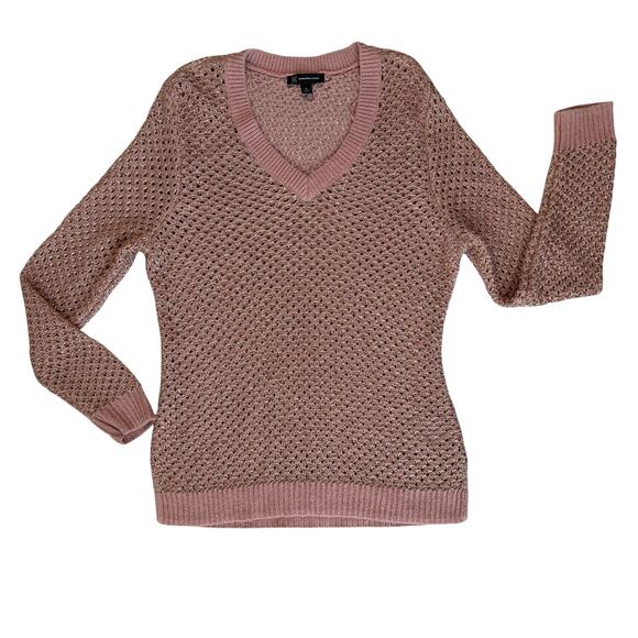 New INC Pointelle Pale Mauve Gold Sweater Women's XL Metallic V Neck Open Stitch - Picture 1 of 14